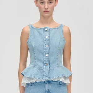 Boatneck Frill Buttoned Top - Denim Blue