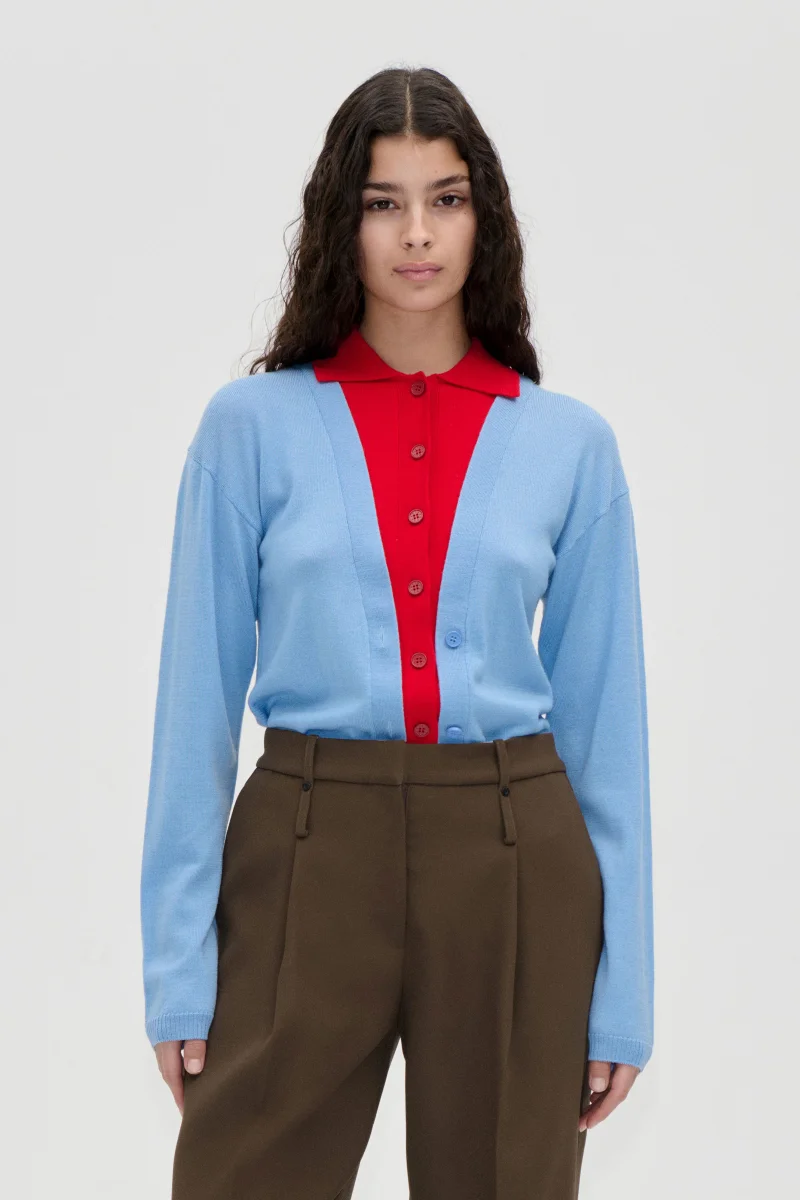 Layered Long Sleeve Cardigan - Sky Blue / Fiery Red