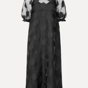 Puff Sleeve Long Dress - Dotted Black